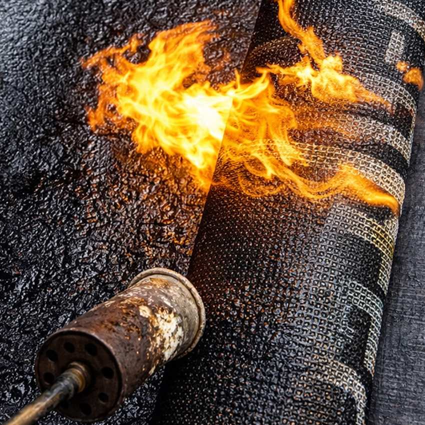 Torch on waterproofing process showing flame bonding bitumen membrane for roof waterproofing by Sicon Group