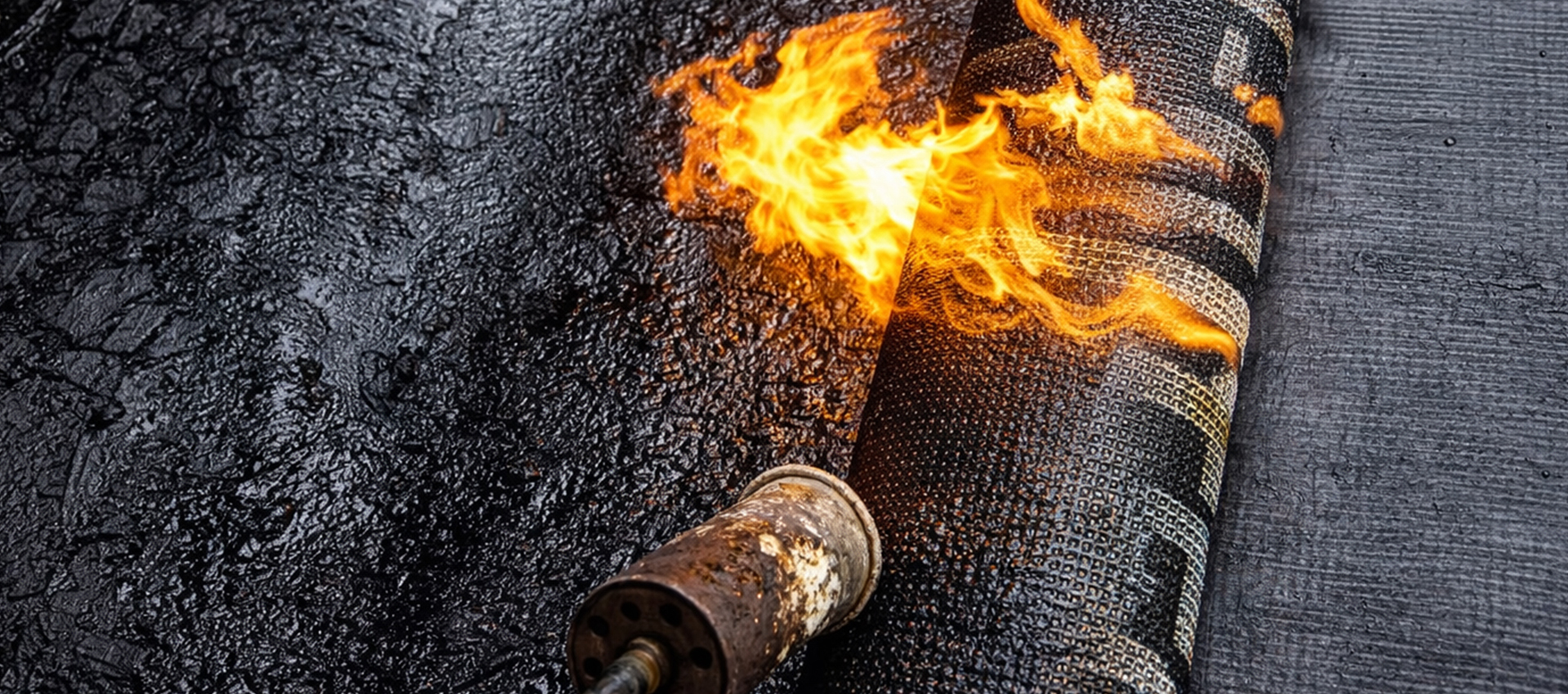 Close-up of torch on waterproofing membrane being heat welded to roof surface by Sicon Group specialists